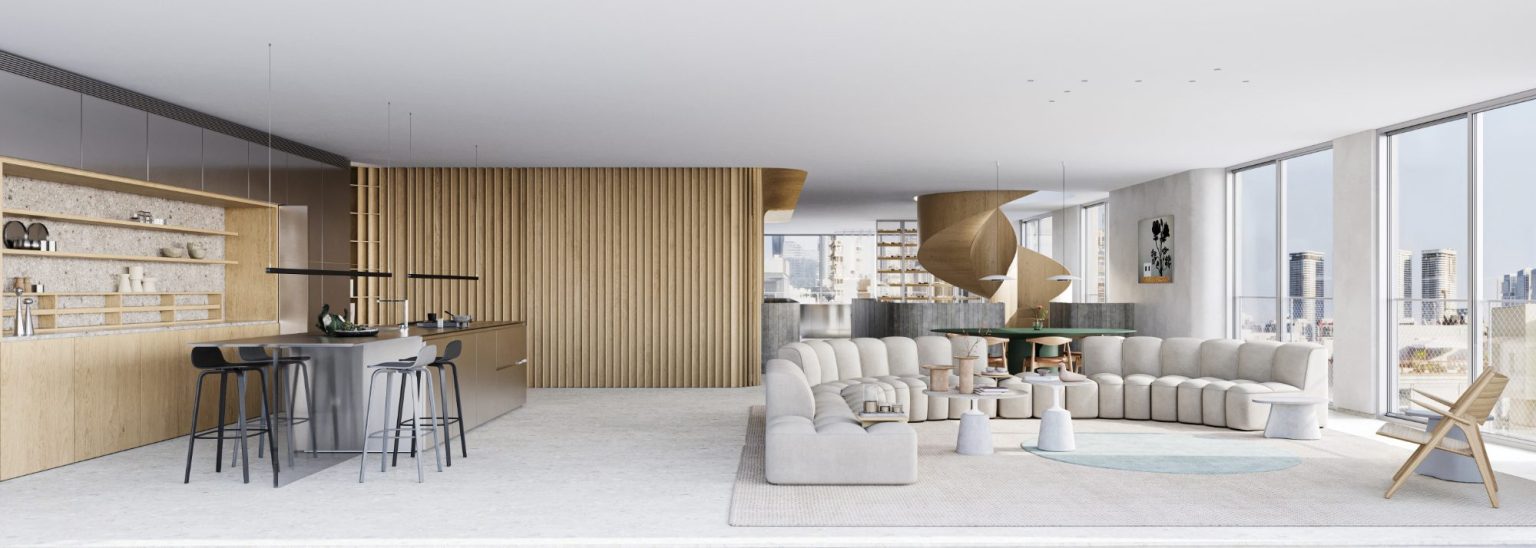 Living room opening to the terrace and the sea, duplex penthouse at HAYARKON SEA VIEW, Tel Aviv (rendering)
