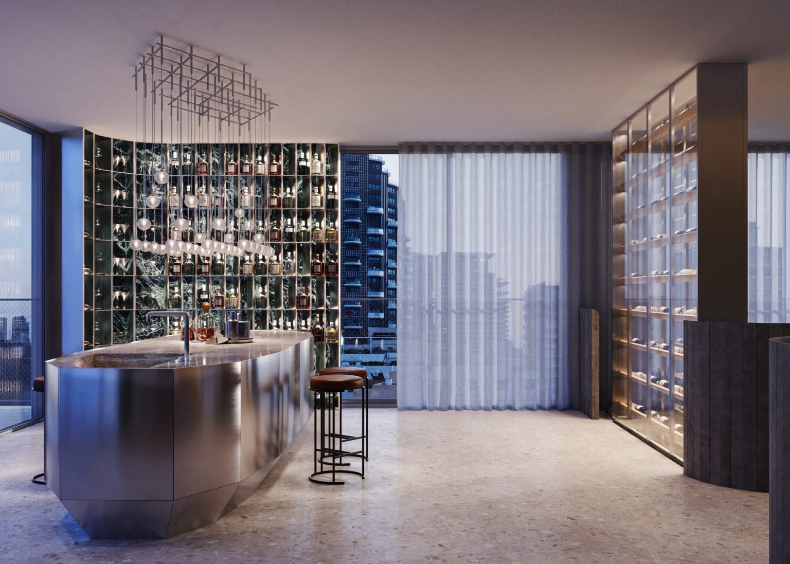 Bar and lounge area of the duplex penthouse, HAYARKON SEA VIEW, Tel Aviv (rendering)