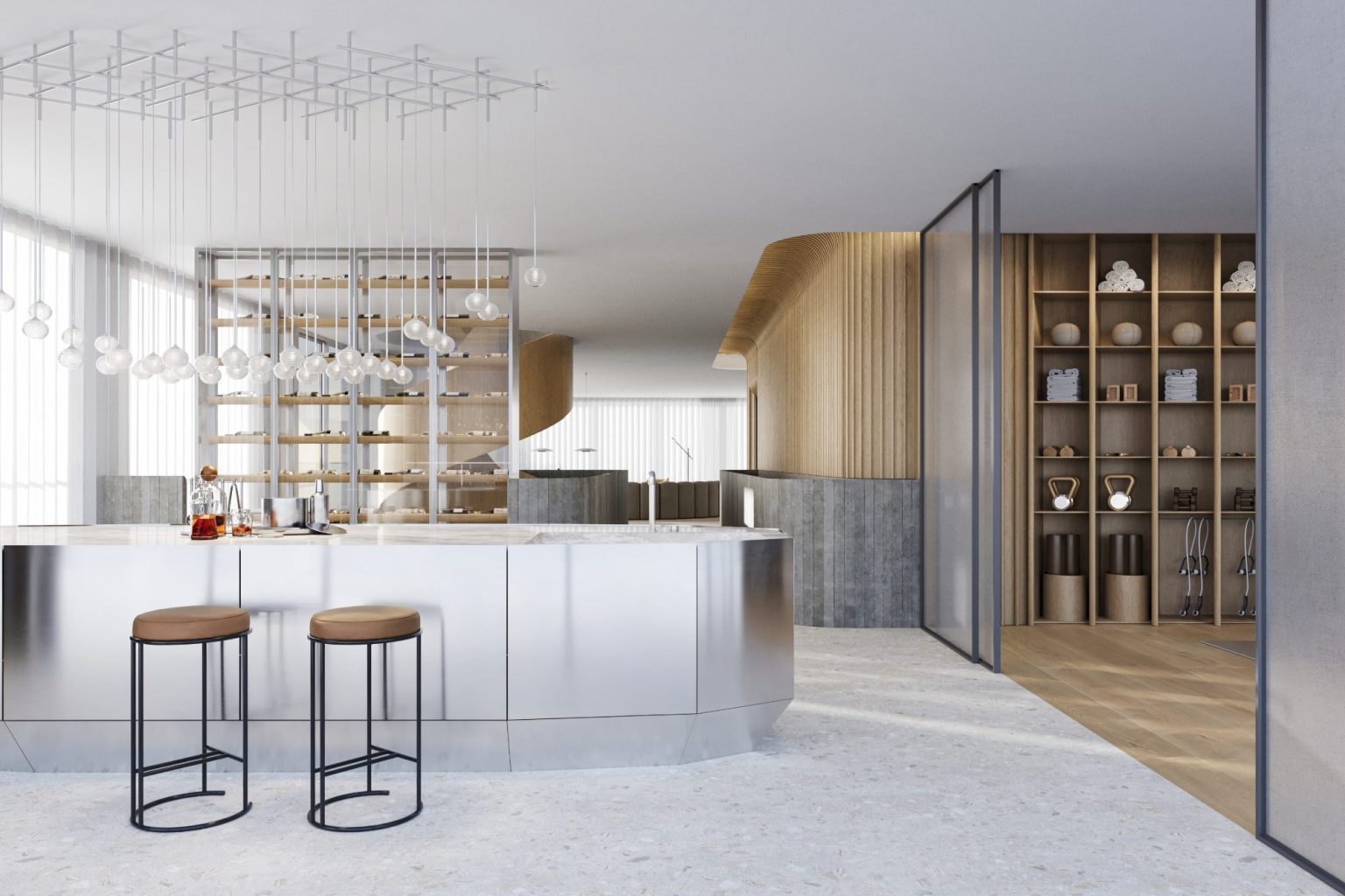 Bar area in evening light, duplex penthouse at HAYARKON SEA VIEW, Tel Aviv (rendering)