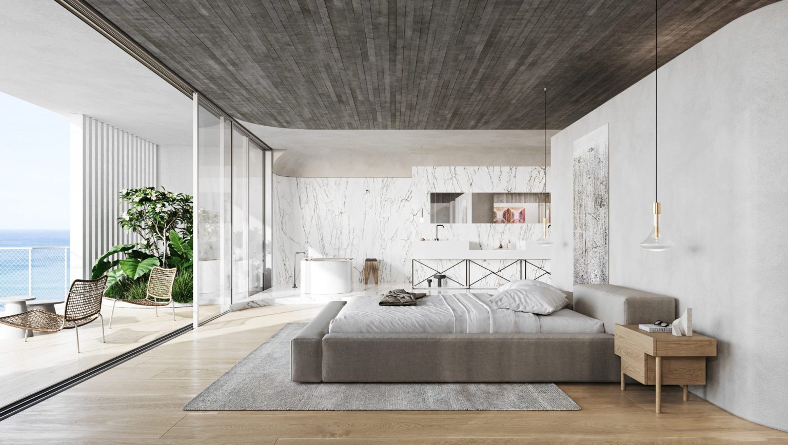 Primary suite with sea view, duplex penthouse at HAYARKON SEA VIEW, Tel Aviv (rendering)