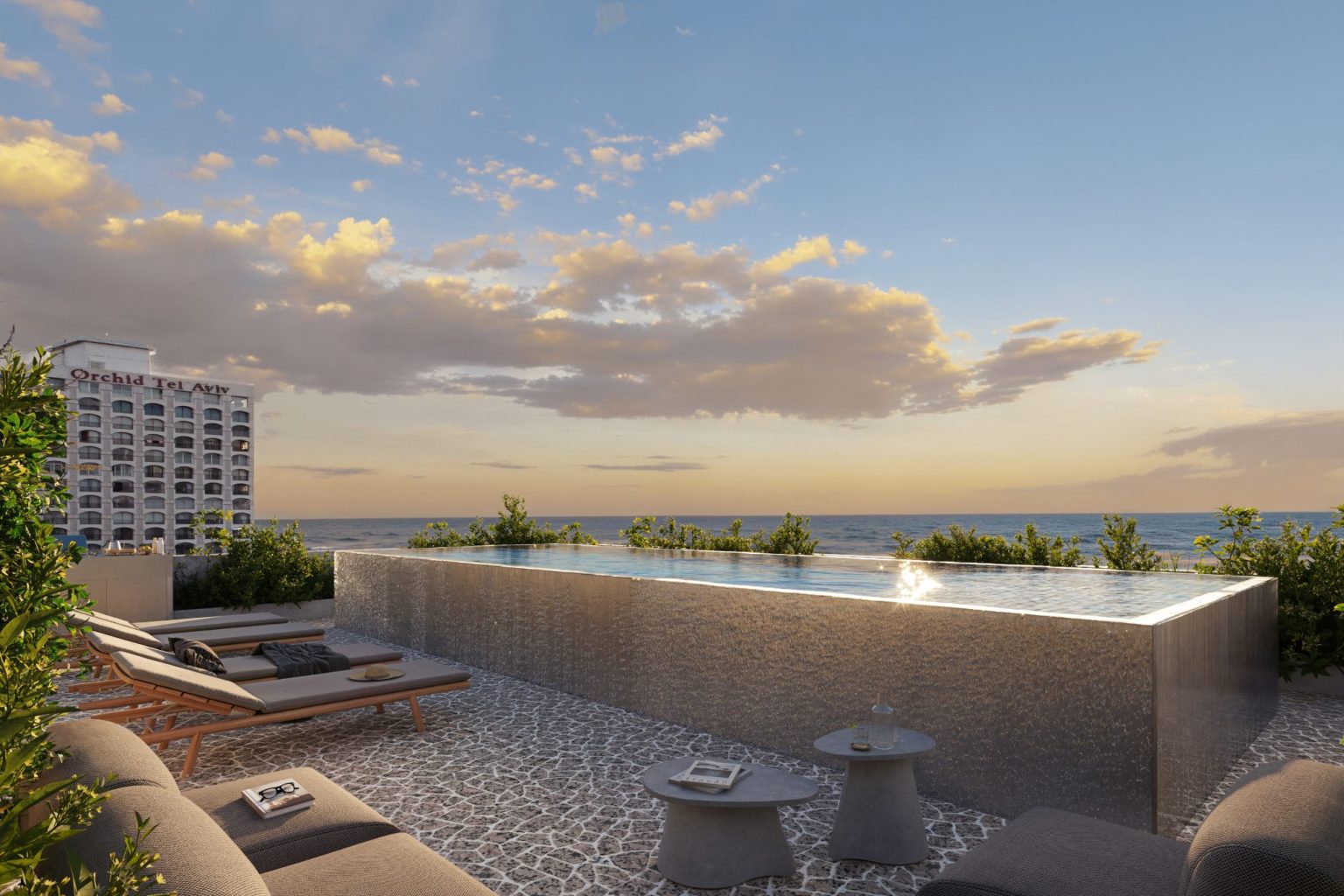 Roof terrace at sunset over the Mediterranean, duplex penthouse at HAYARKON SEA VIEW, Tel Aviv (rendering)