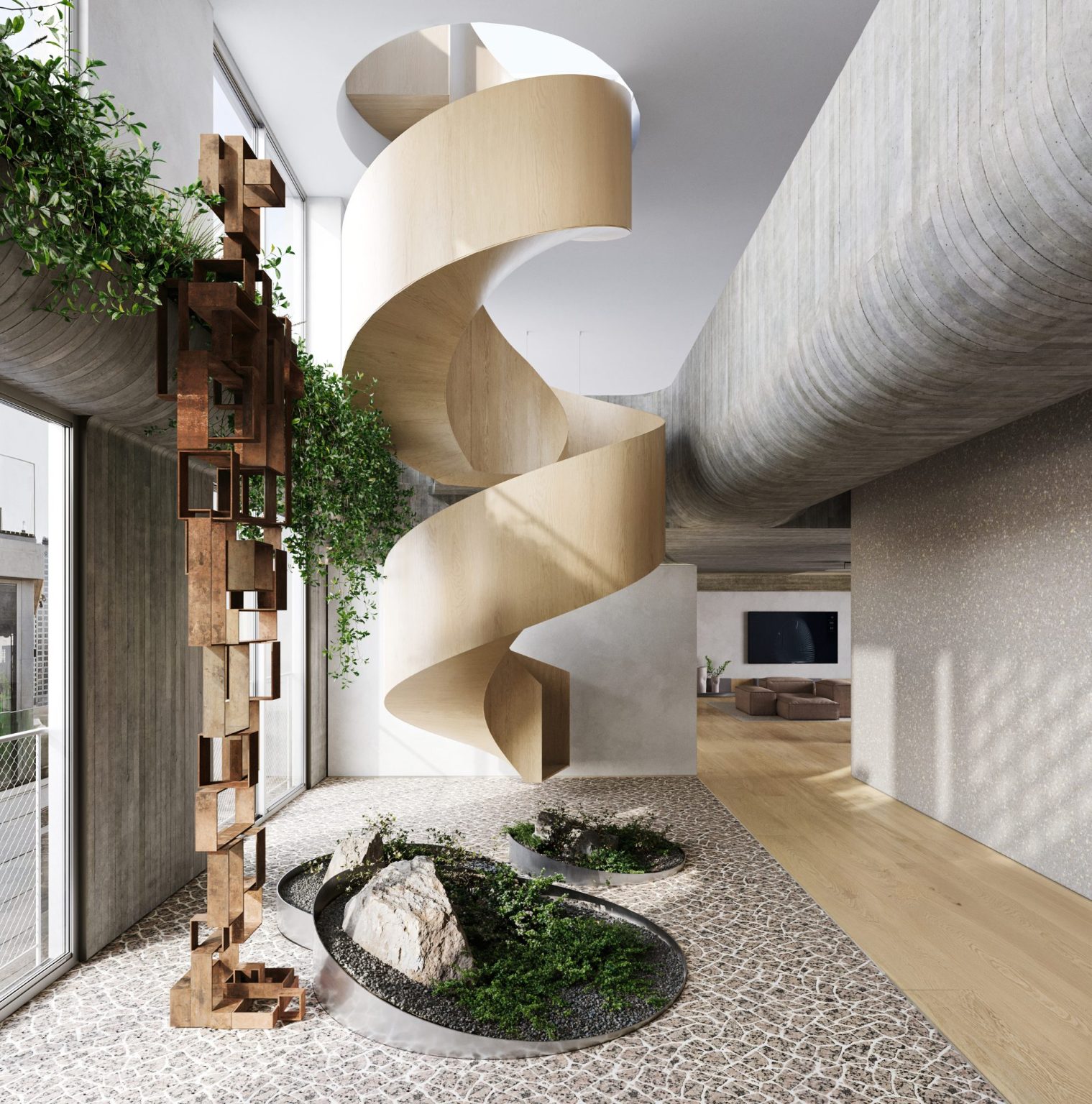 Internal staircase between the two levels, duplex penthouse at HAYARKON SEA VIEW, Tel Aviv (rendering)