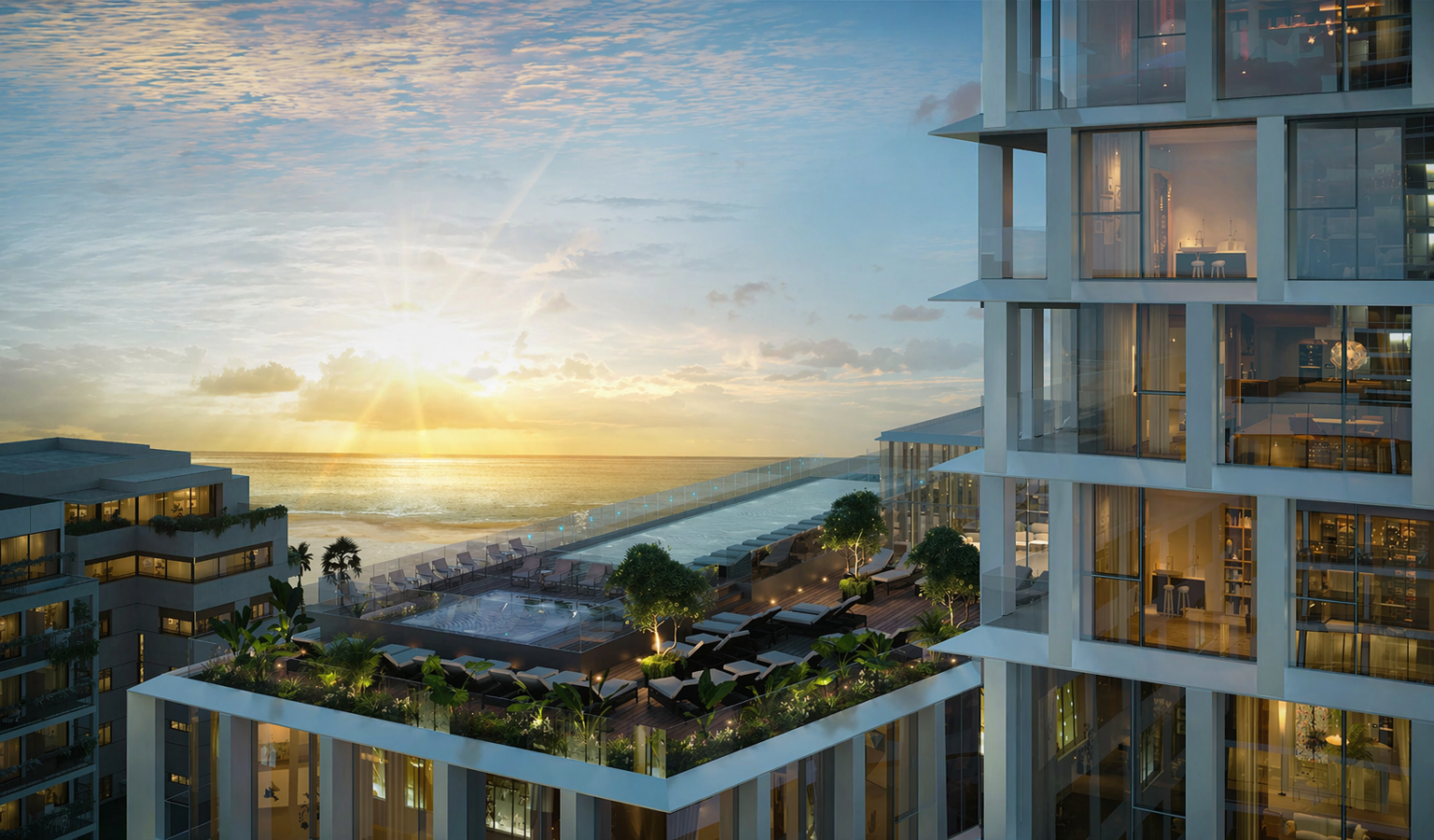 Assembly tower, facade and terraces at dusk, Tel Aviv seafront (rendering)