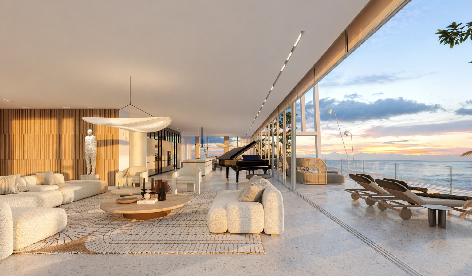 Living room opening to the terrace and the sea, mini penthouse at Assembly, Tel Aviv (rendering)