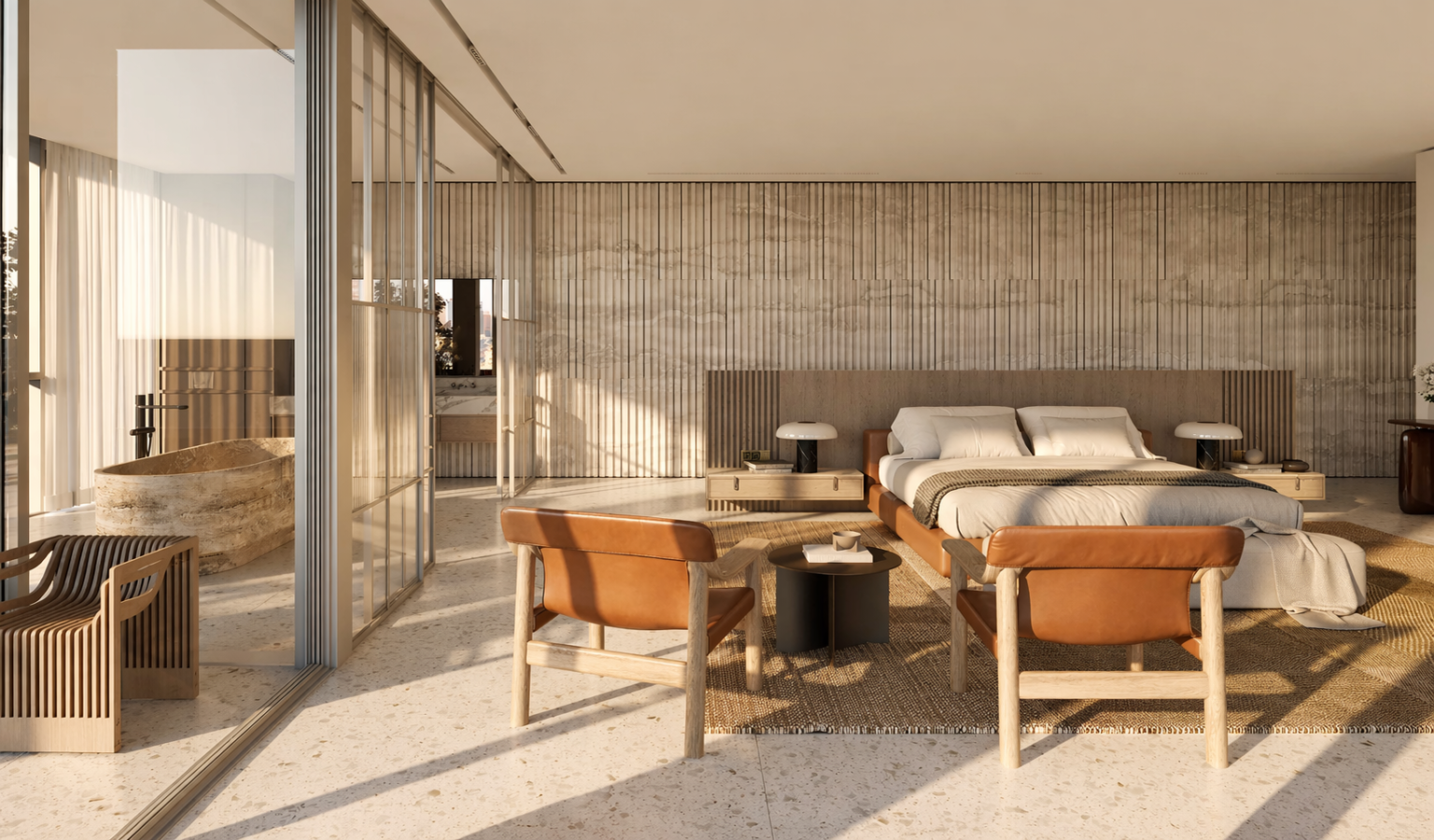 Bedroom with terrace access, mini penthouse at Assembly, Tel Aviv (rendering)