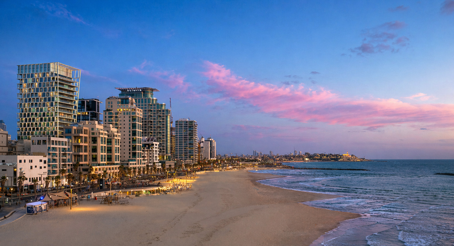 Tel Aviv beachfront from the air with the Assembly tower (rendering)