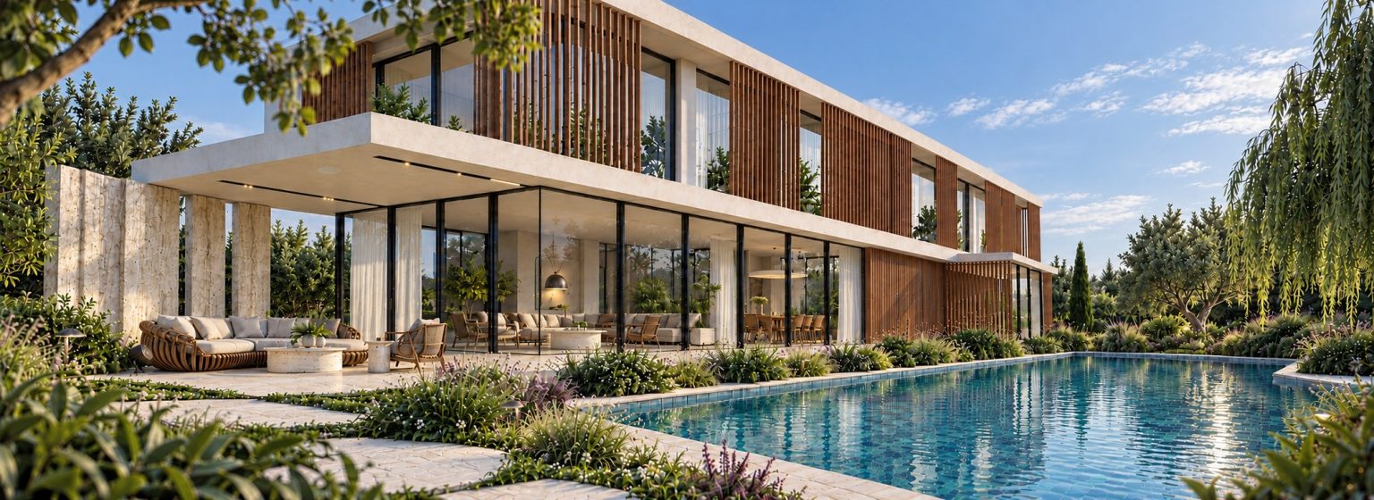 New villa in Herzliya Pituach - long facade and 15 m pool, day (rendering)