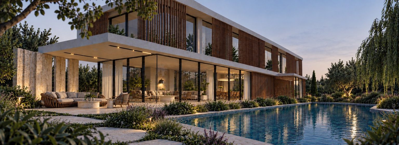 New villa in Herzliya Pituach - long facade and pool at dusk (rendering)