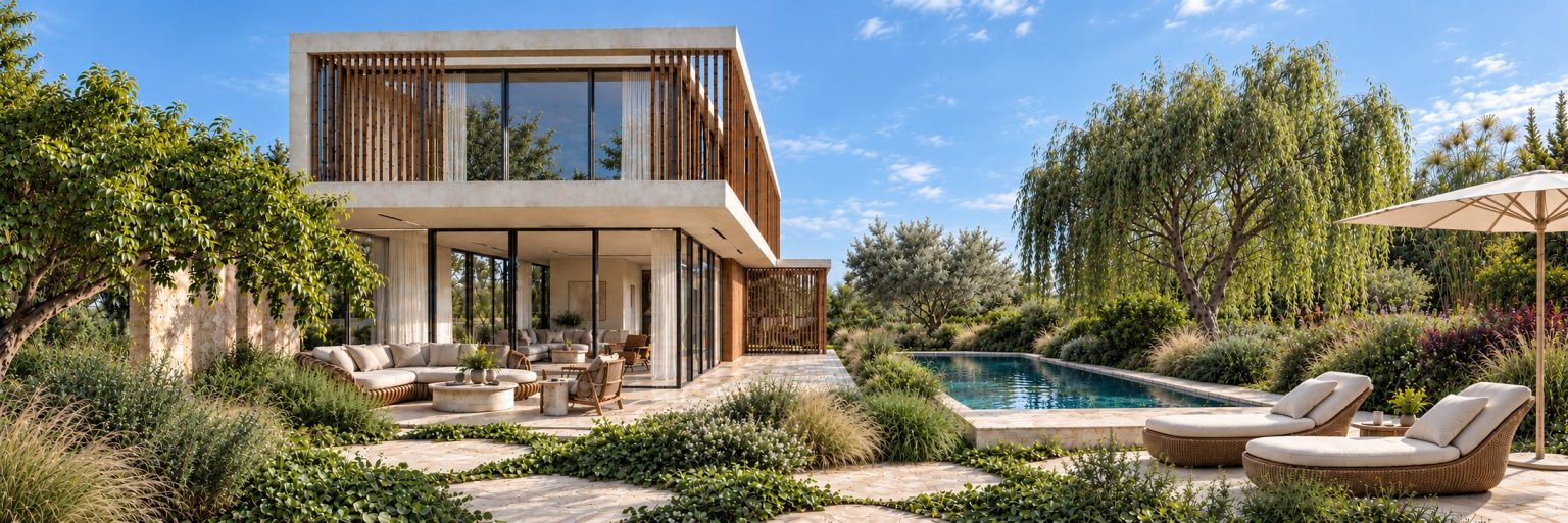 New villa in Herzliya Pituach - garden and pool, day (rendering)