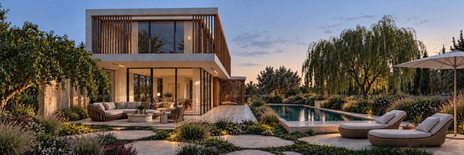 New villa in Herzliya Pituach - garden and pool at dusk (rendering)