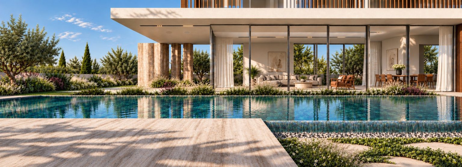 New villa in Herzliya Pituach - living room opening to the pool, day (rendering)