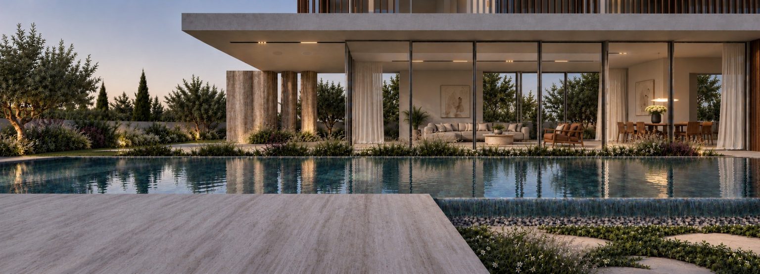 New villa in Herzliya Pituach - living room and pool at dusk (rendering)