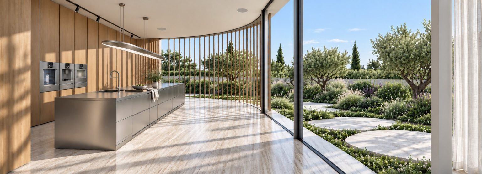 New villa in Herzliya Pituach - kitchen opening to the garden, day (rendering)