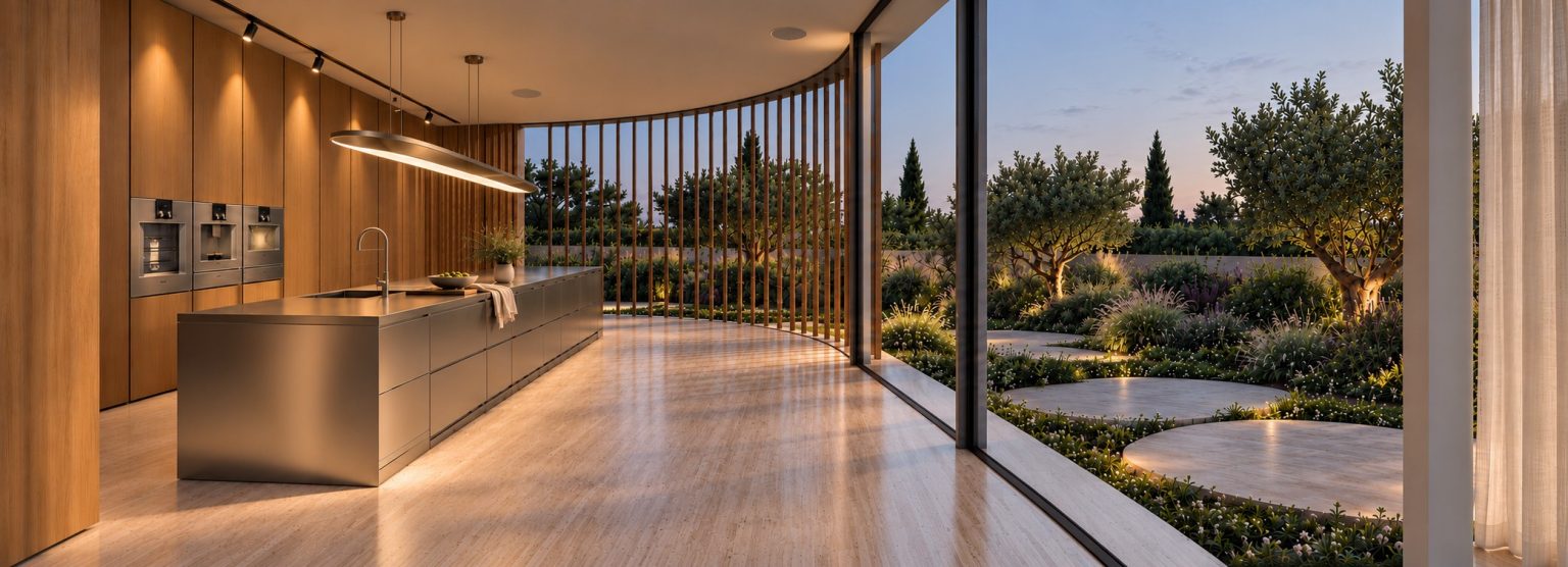 New villa in Herzliya Pituach - kitchen at dusk (rendering)