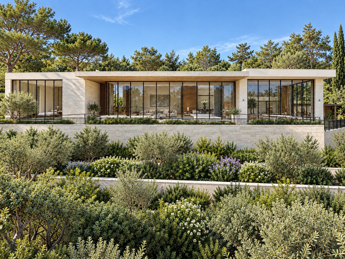Single-storey house in Kfar Shmaryahu - facade over the terraced garden (rendering)