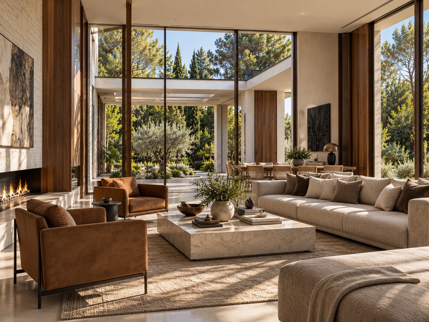 Single-storey house in Kfar Shmaryahu - double-height living room with fireplace (rendering)
