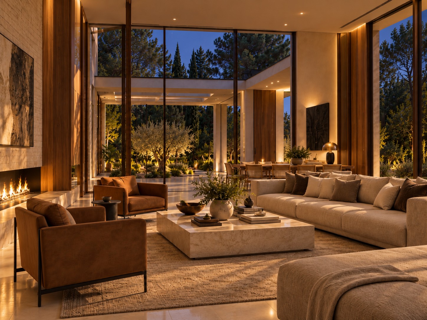 Single-storey house in Kfar Shmaryahu - living room in the evening (rendering)