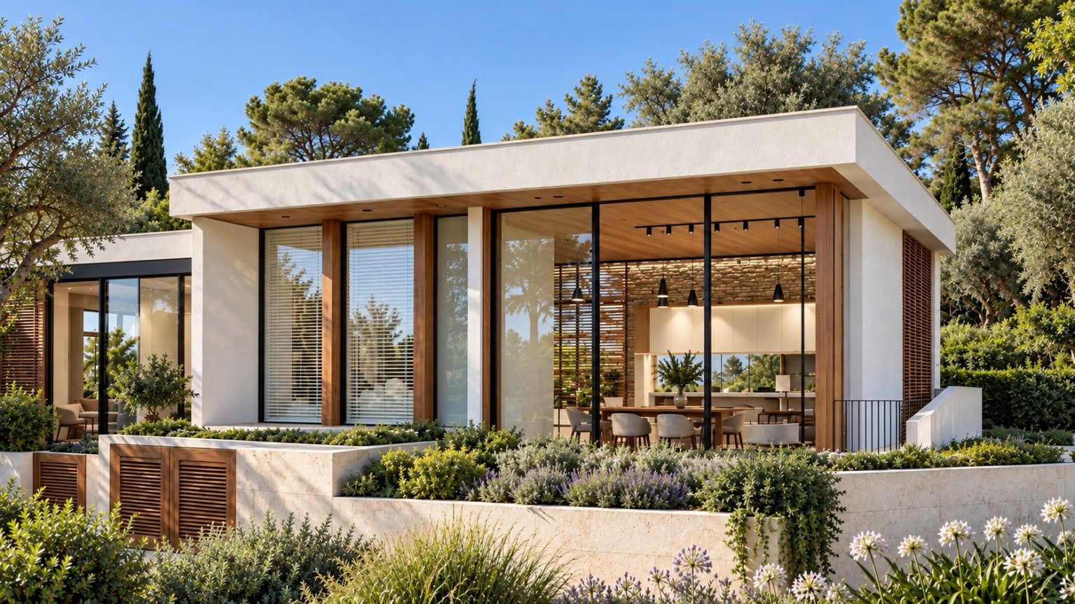 Single-storey house in Kfar Shmaryahu - side pavilion among olive trees (rendering)