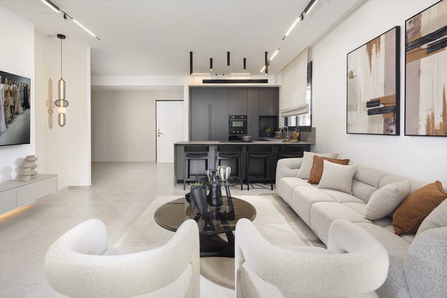 Front-facing mini penthouse in Ir Yamim, Netanya - living room and kitchen, rendering