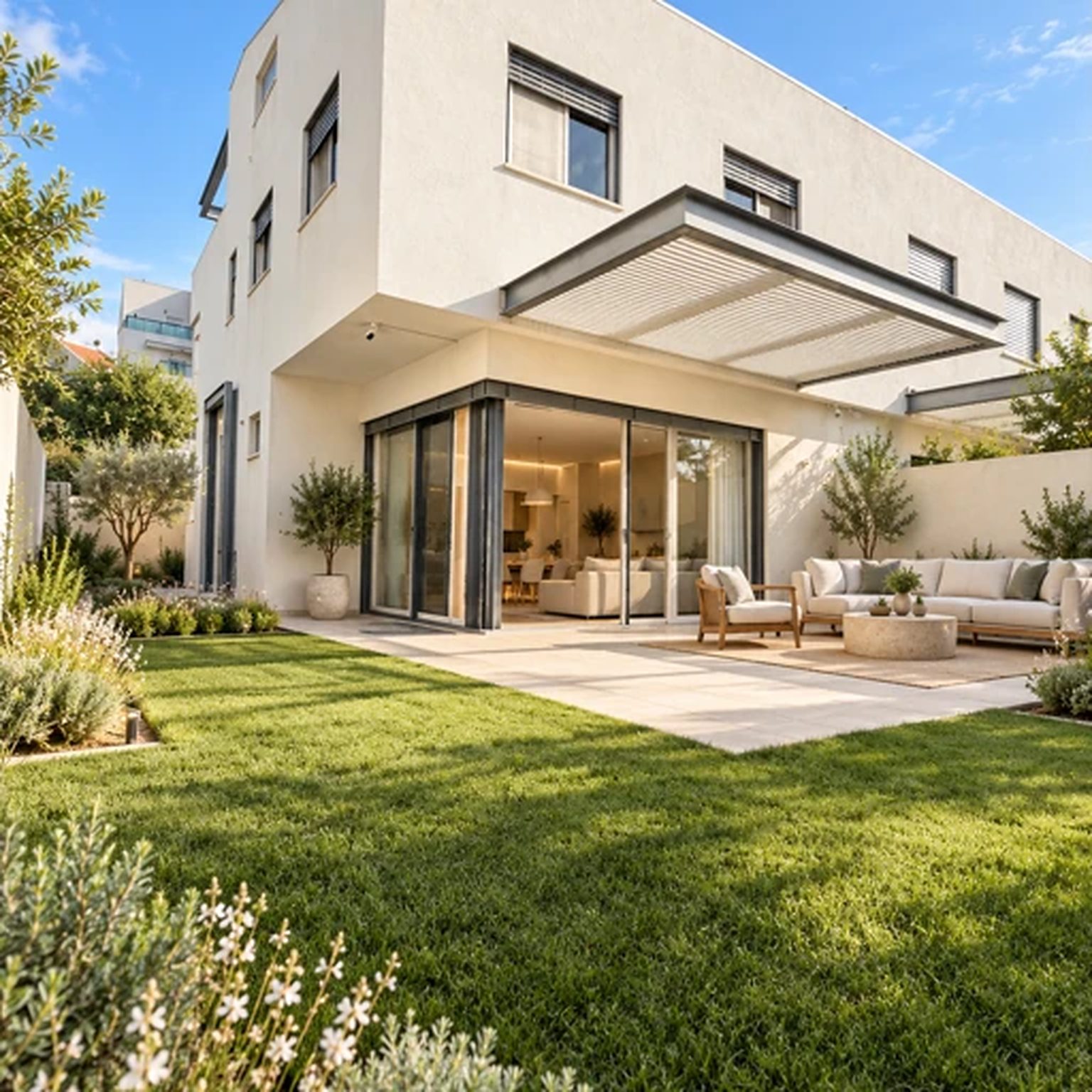 Garden facade and covered terrace, new private house in West Ra'anana (rendering)
