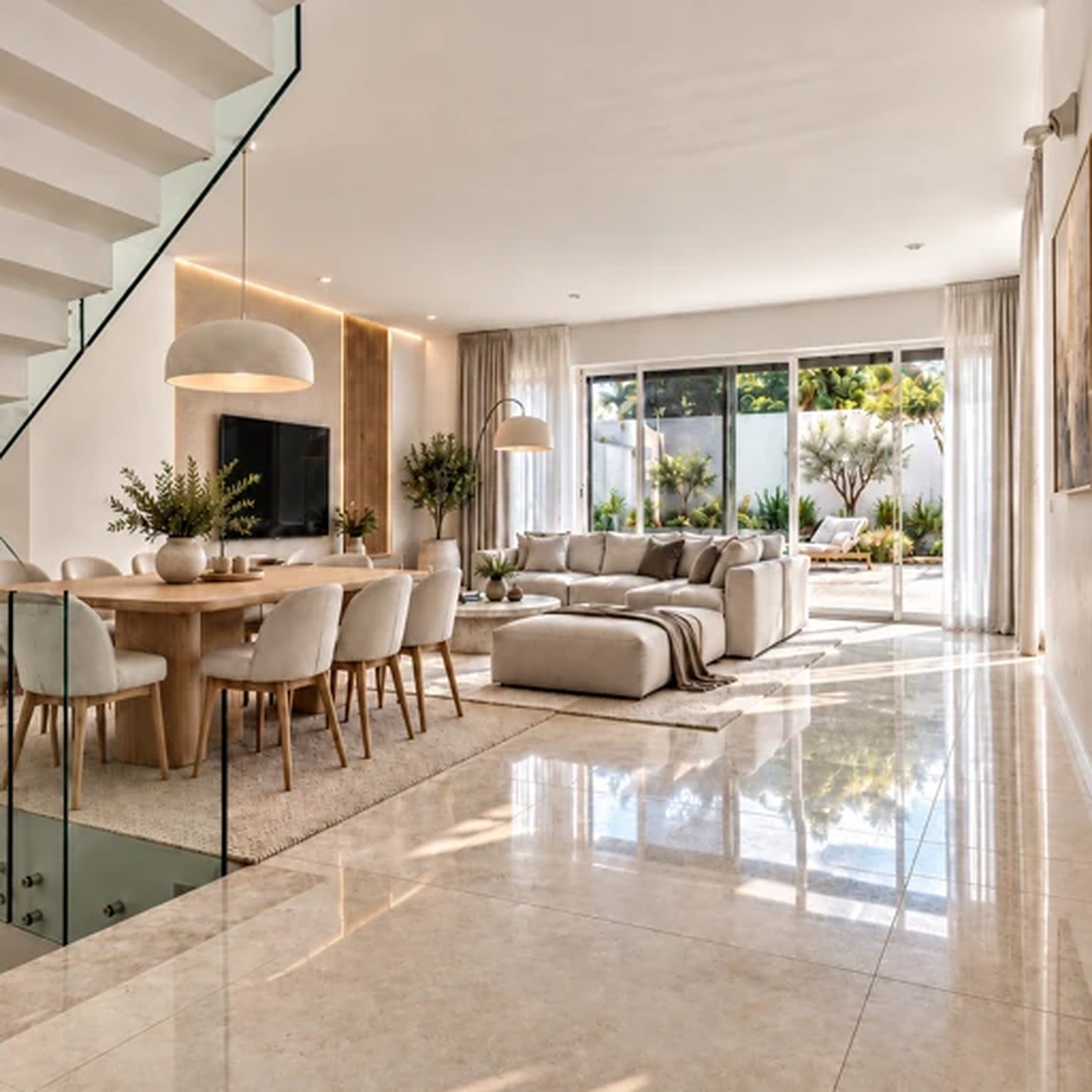 Open living room, dining area and kitchen opening to the garden, new private house in West Ra'anana (rendering)