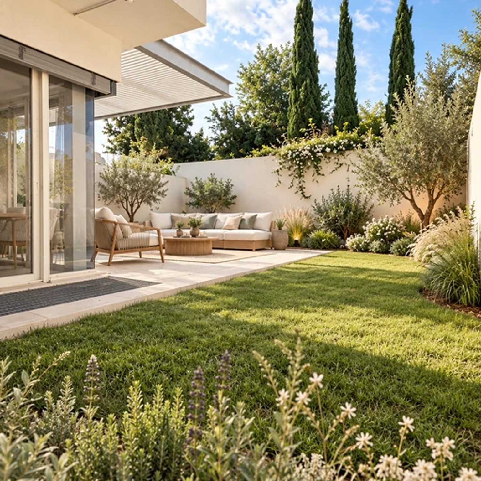 Garden lounge and lawn with cypress trees, new private house in West Ra'anana (rendering)