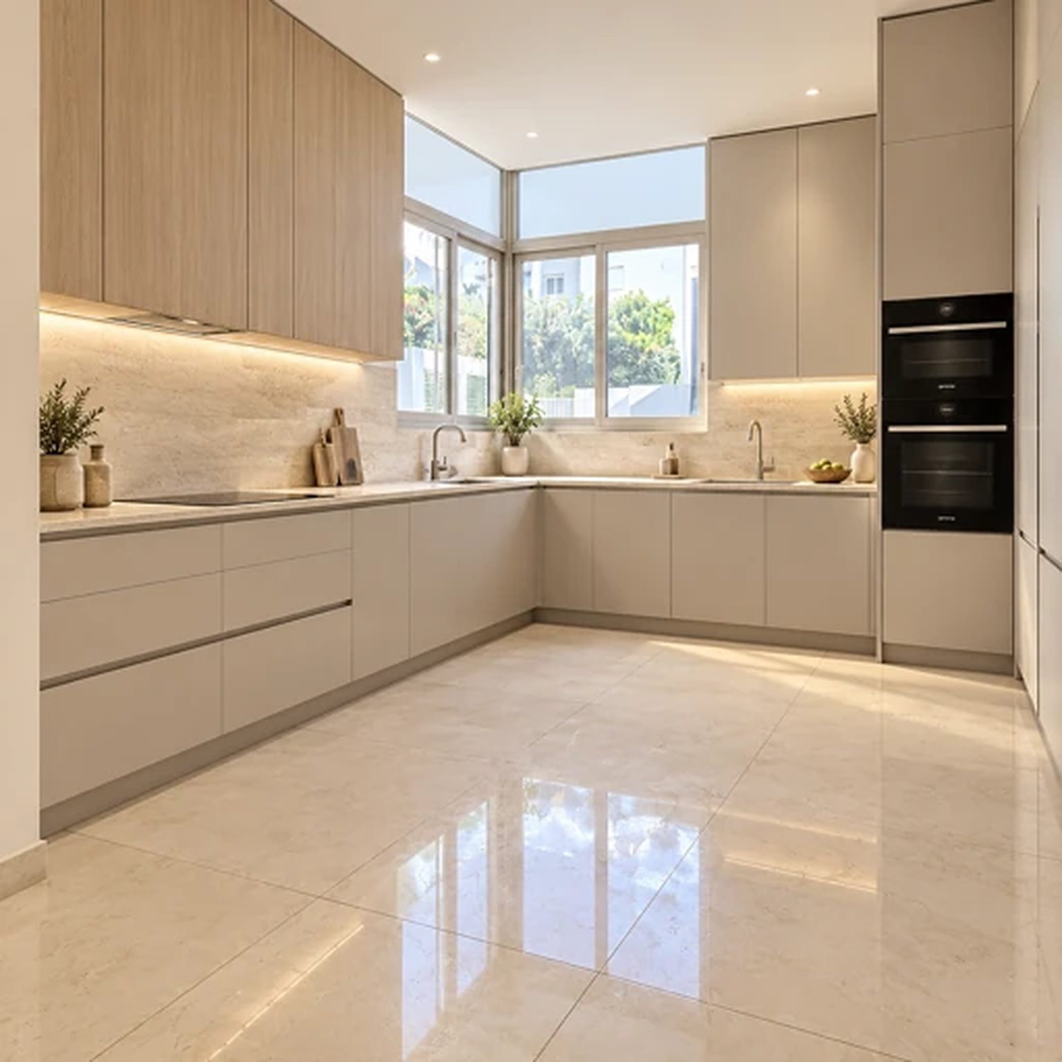 Kitchen in light wood and stone-coloured cabinetry, new private house in West Ra'anana (rendering)