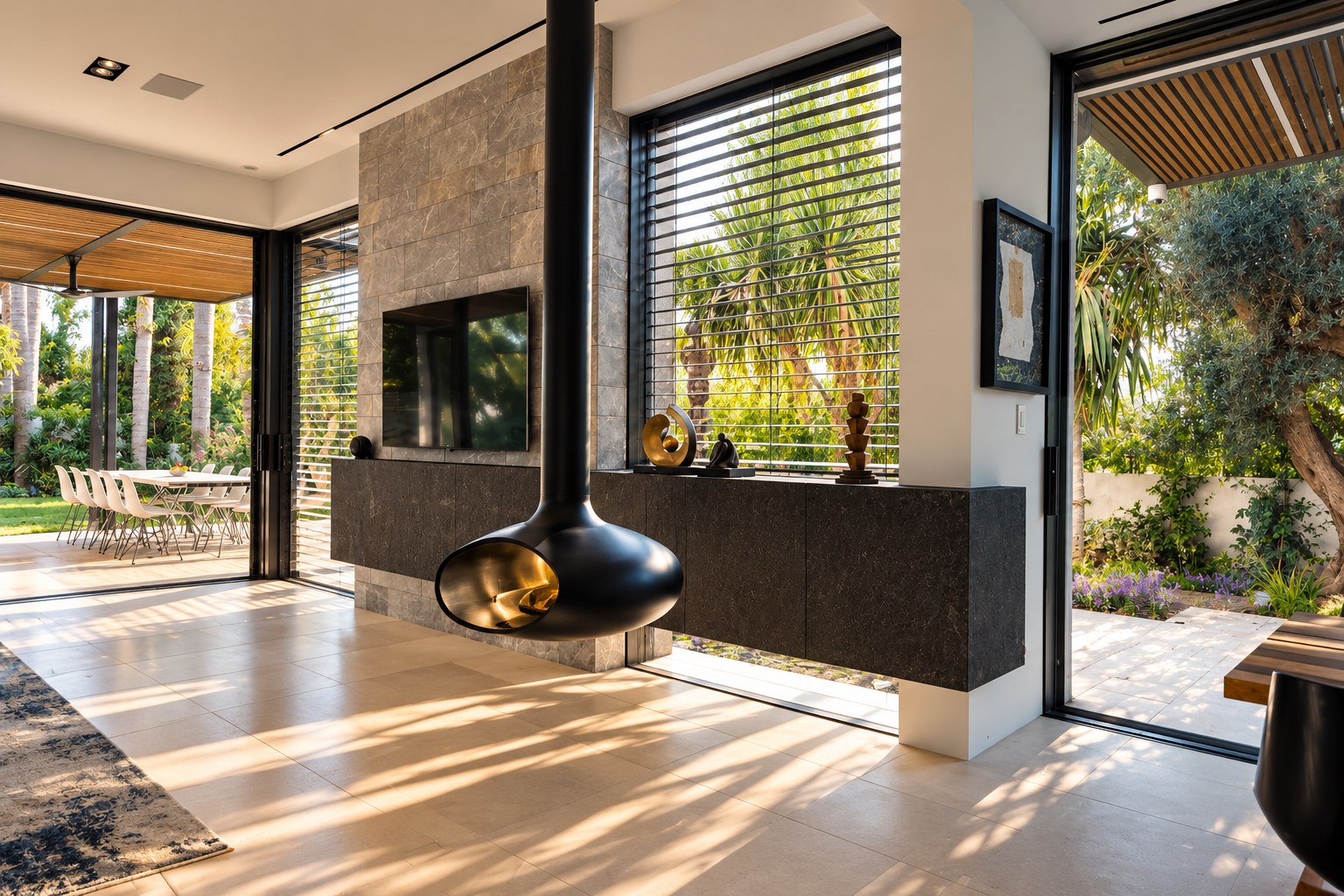 Single-level villa, Kiryat Ganim, Ra'anana - living room with a suspended fireplace