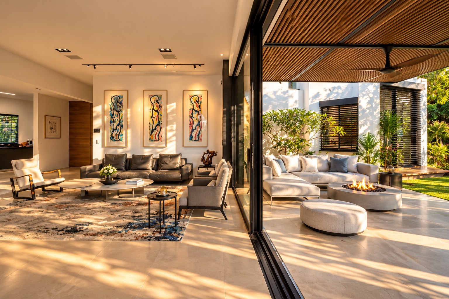 Single-level villa, Kiryat Ganim, Ra'anana - living room opening to the covered outdoor lounge