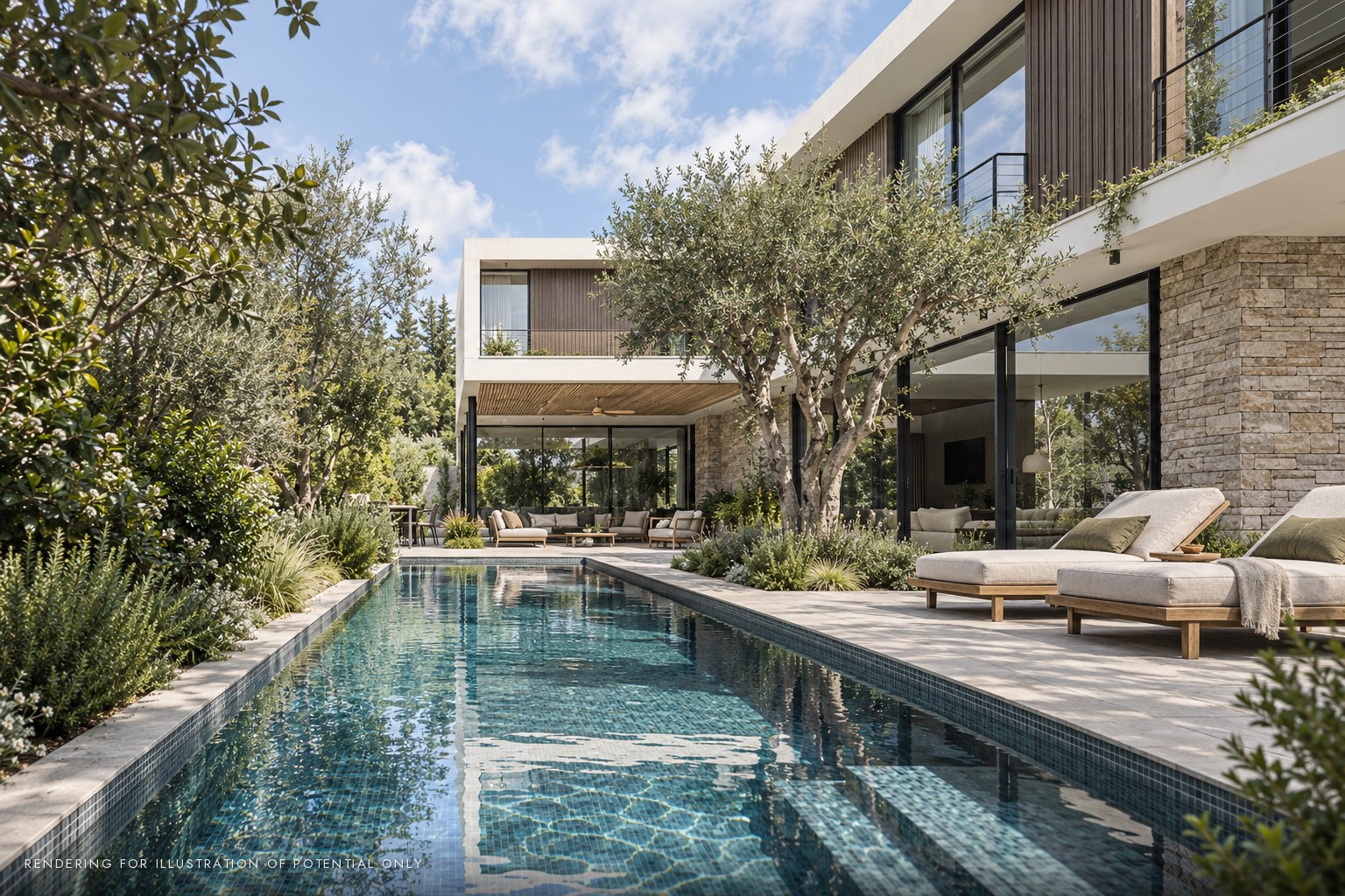 New house in Kiryat Golomb, Ra'anana - lap pool along the garden facade (rendering)