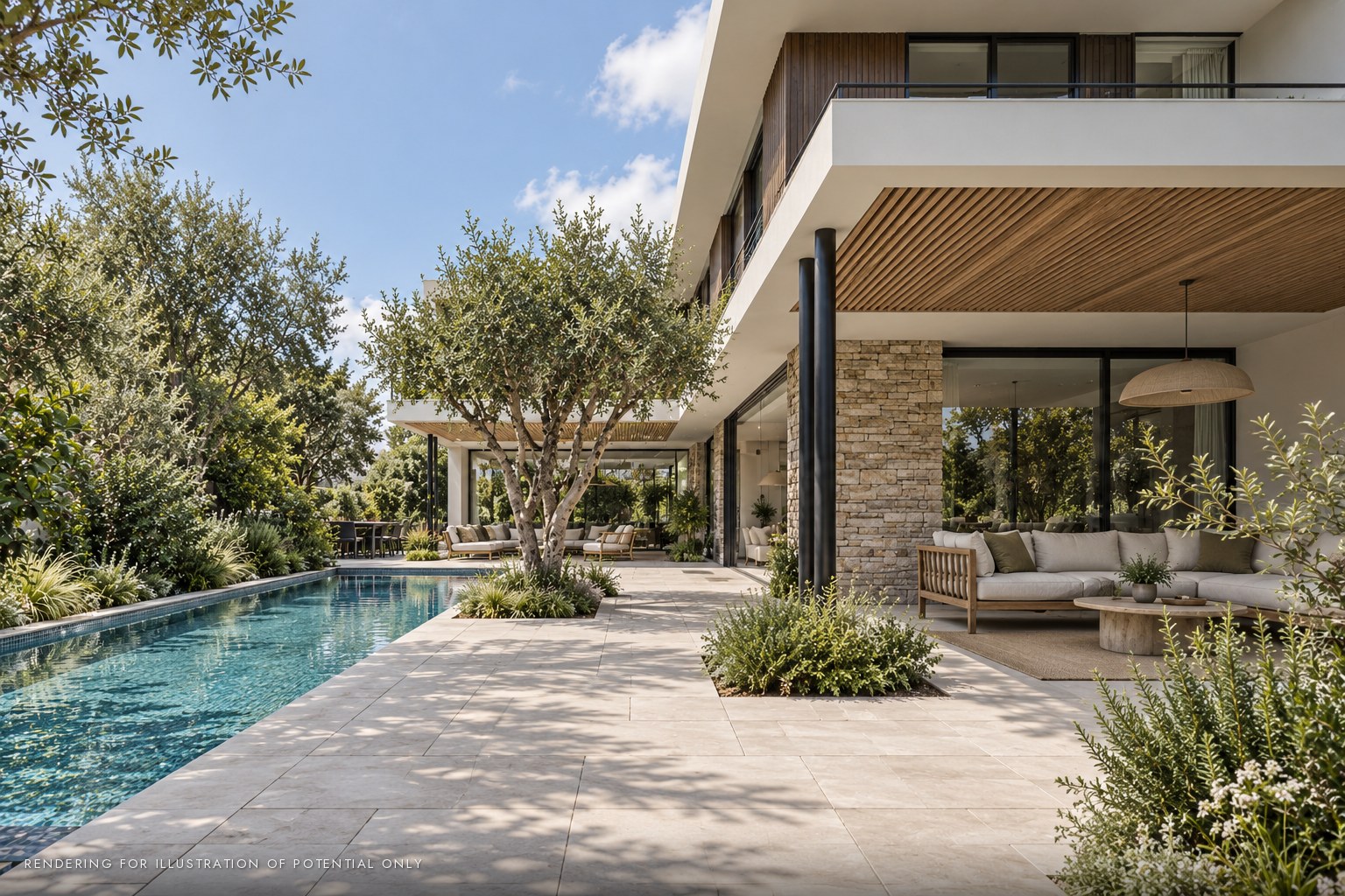 New house in Kiryat Golomb, Ra'anana - pool deck and covered terrace (rendering)