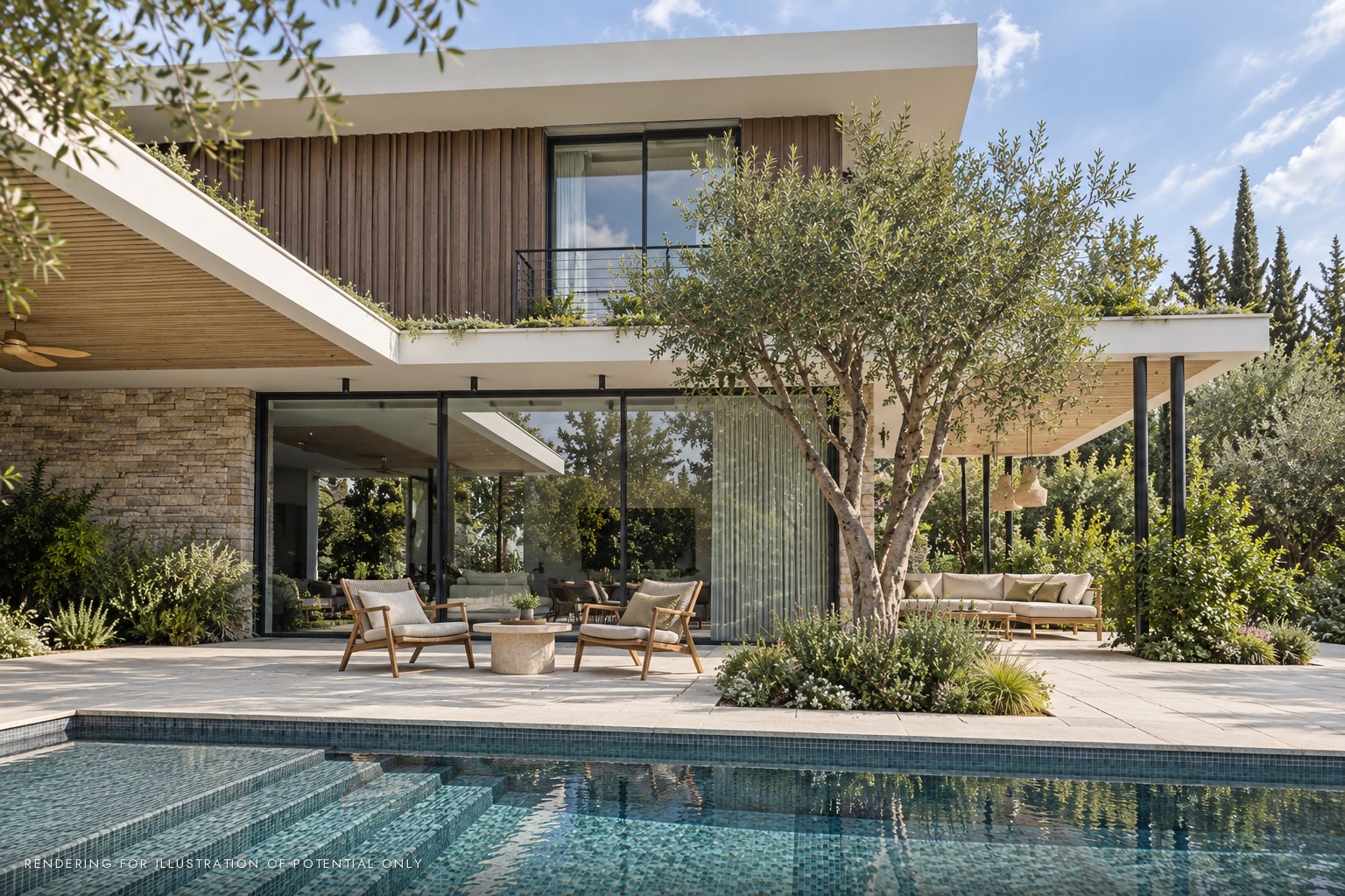 New house in Kiryat Golomb, Ra'anana - pool steps and glass facade (rendering)