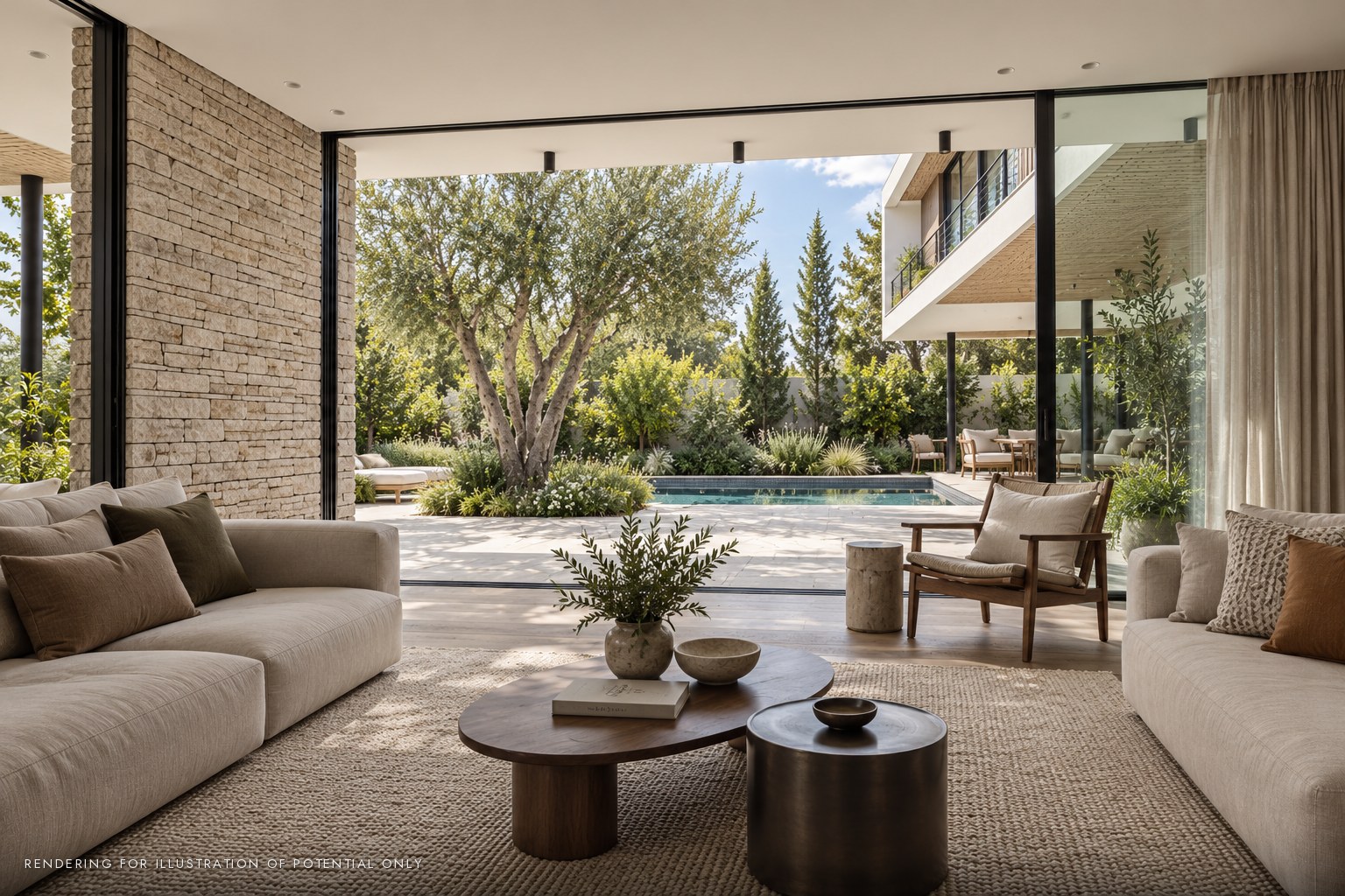 New house in Kiryat Golomb, Ra'anana - living room open to the garden and pool (rendering)
