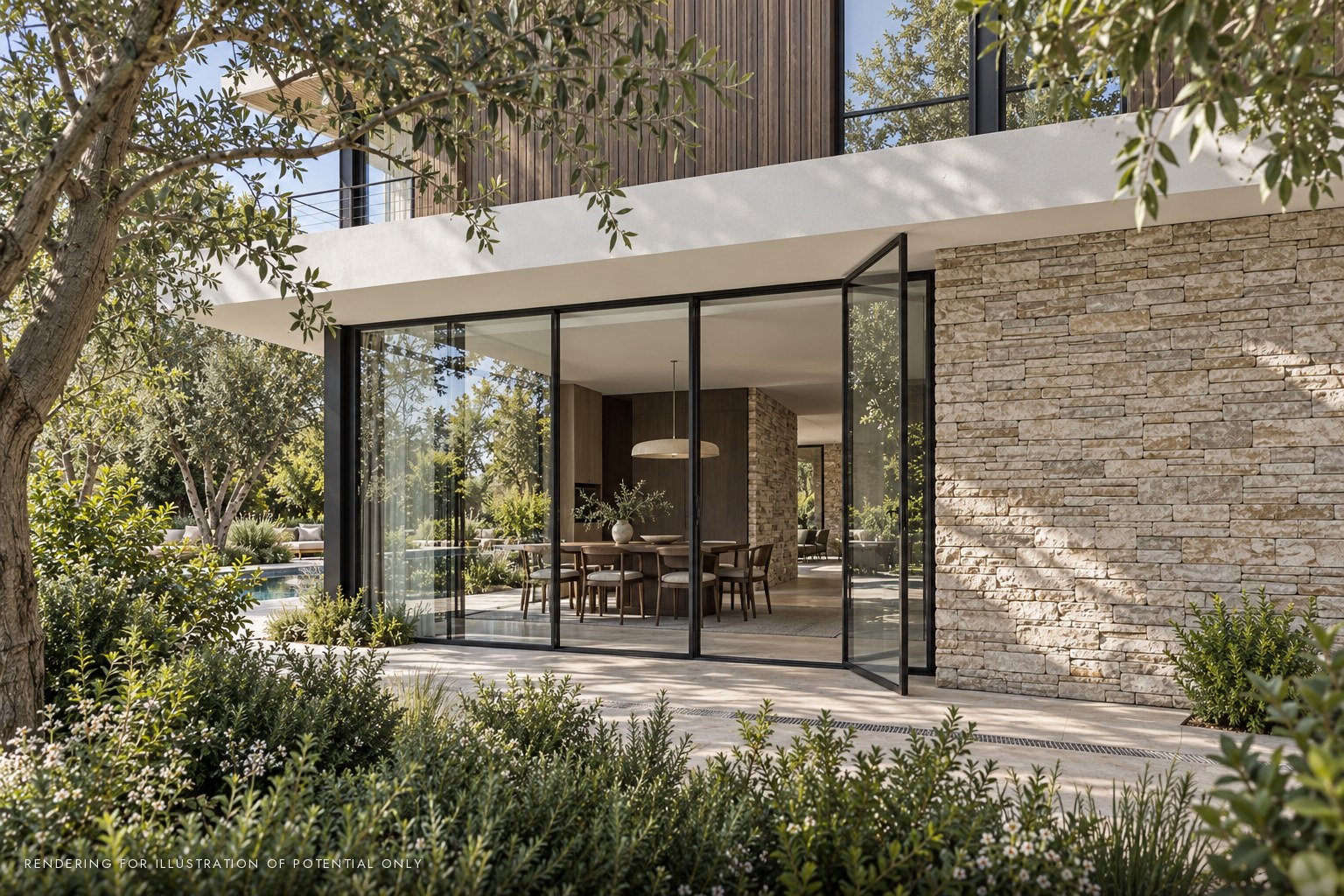 New house in Kiryat Golomb, Ra'anana - dining room with full-height glass doors (rendering)