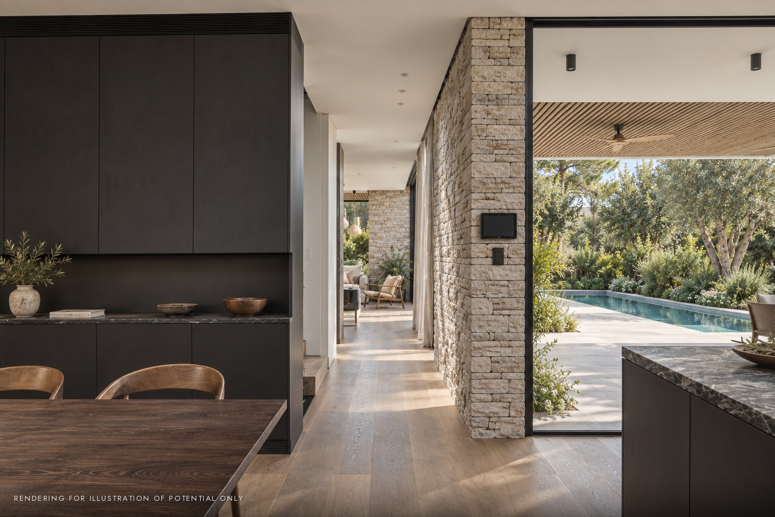 New house in Kiryat Golomb, Ra'anana - kitchen and hallway to the pool (rendering)