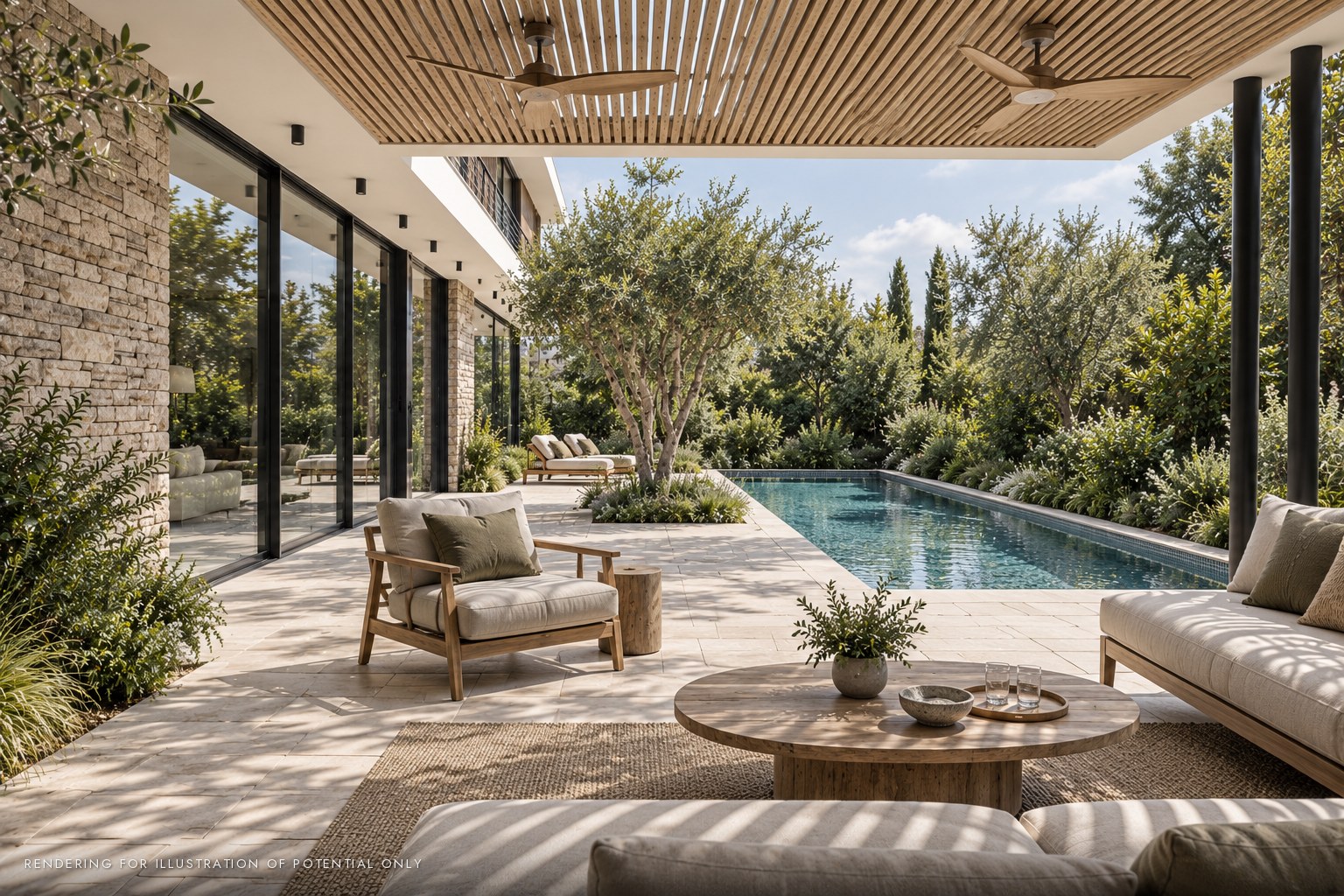 New house in Kiryat Golomb, Ra'anana - pergola lounge by the pool (rendering)