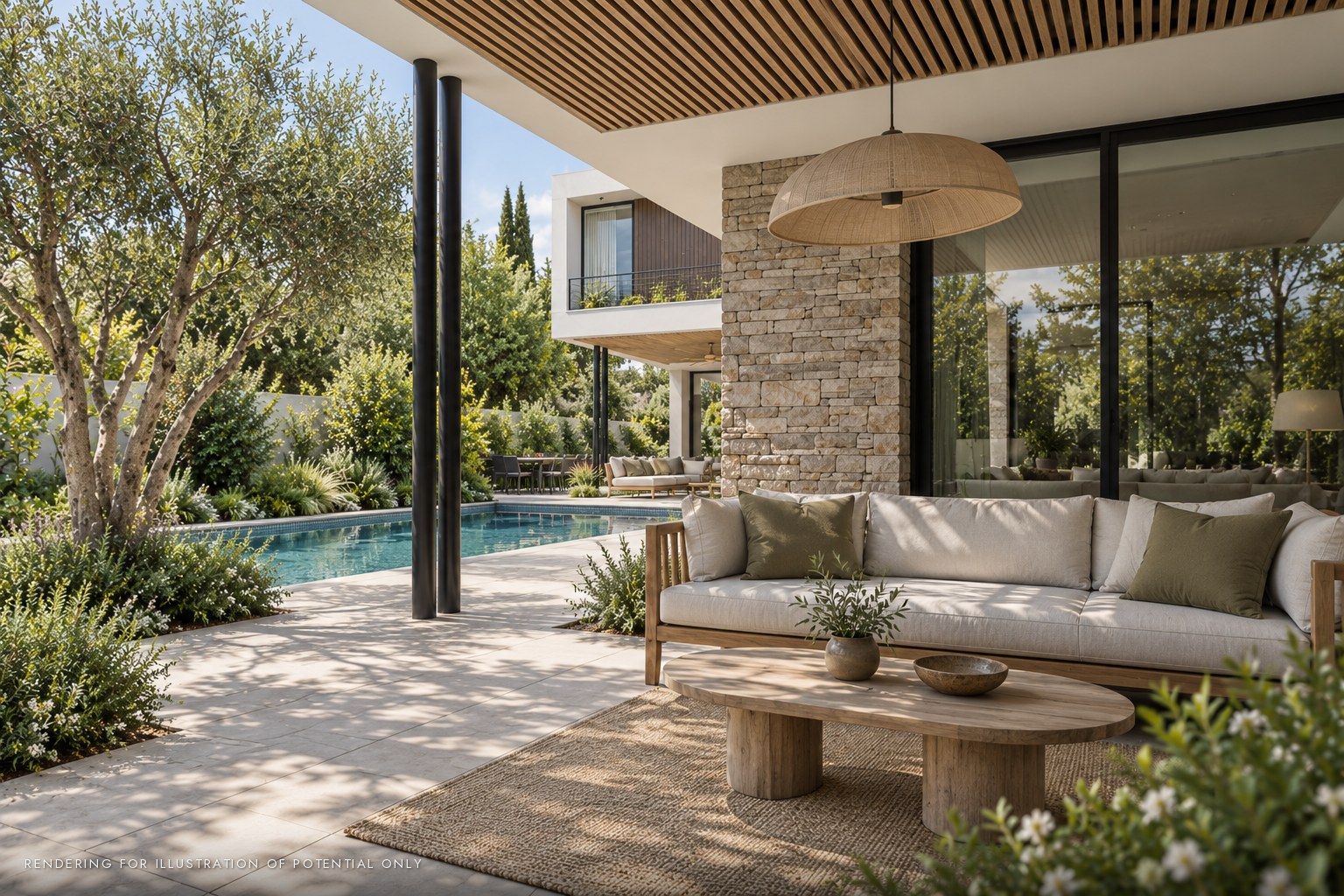 New house in Kiryat Golomb, Ra'anana - covered garden lounge (rendering)