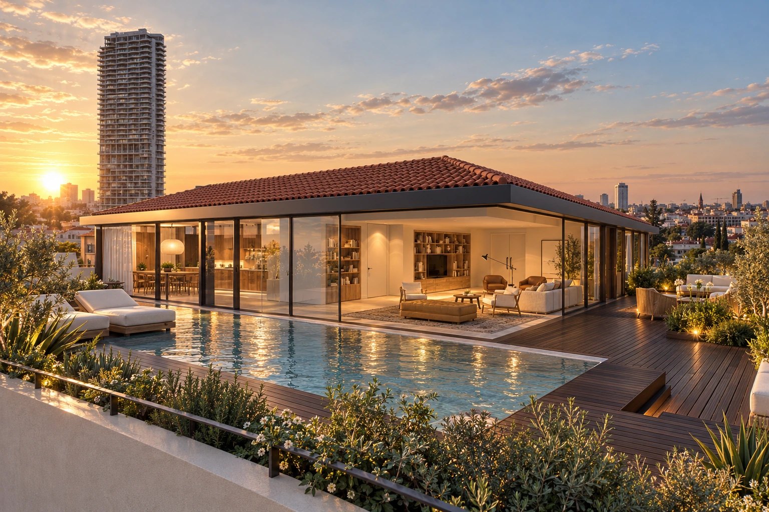 Private pool on the 250 sqm terrace, with the Tel Aviv skyline - penthouse in Neve Tzedek (rendering)