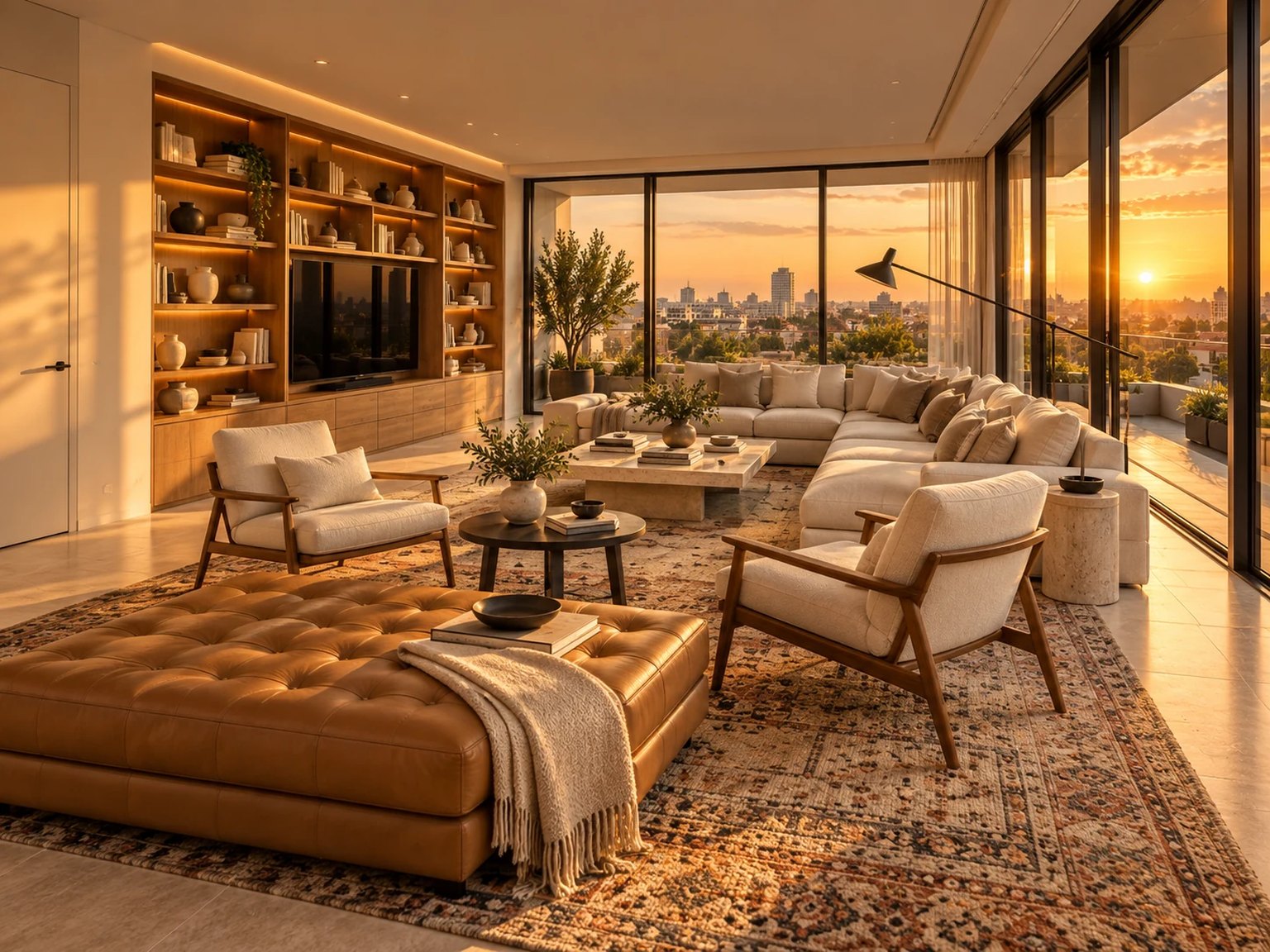Living room opening to the terrace - penthouse in Neve Tzedek, Tel Aviv (rendering)