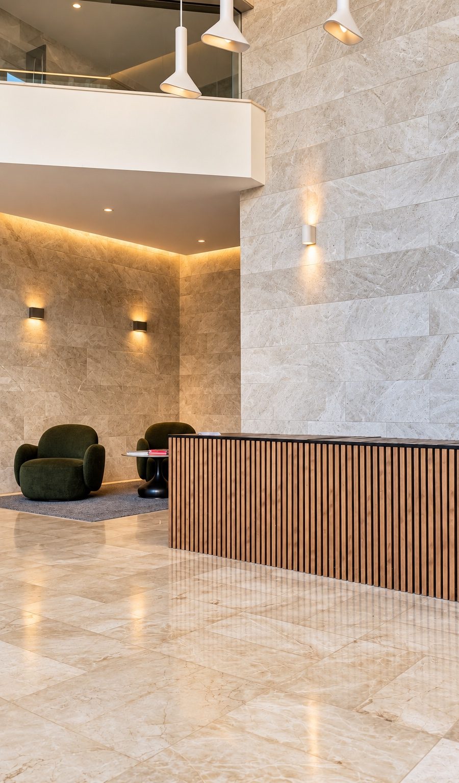 Lobby with wood-slat reception desk - boutique building, Ramat Aviv, Tel Aviv