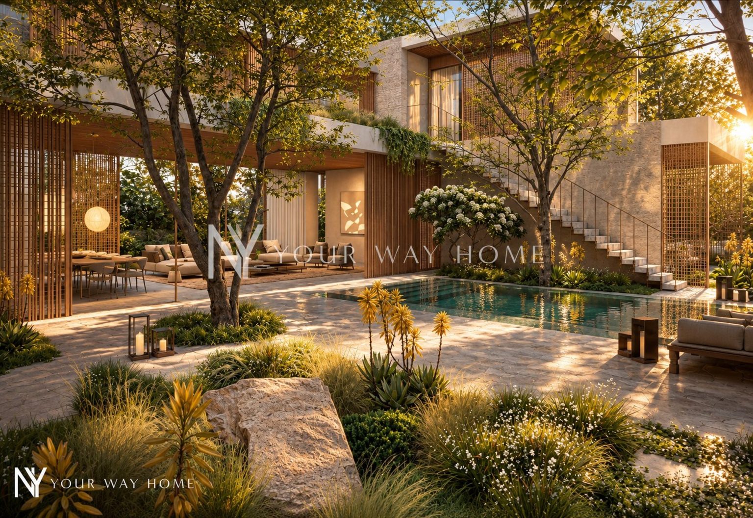 The Mashrabiya House, West Ramat HaSharon - courtyard and pool at dusk (rendering)