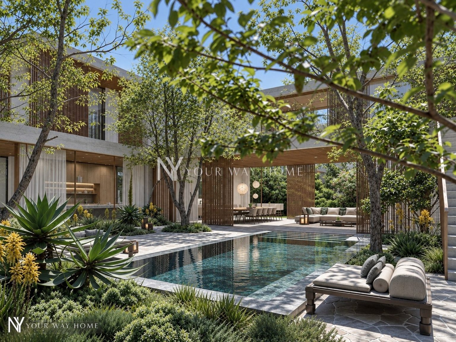 The Mashrabiya House - courtyard pool by day (rendering)