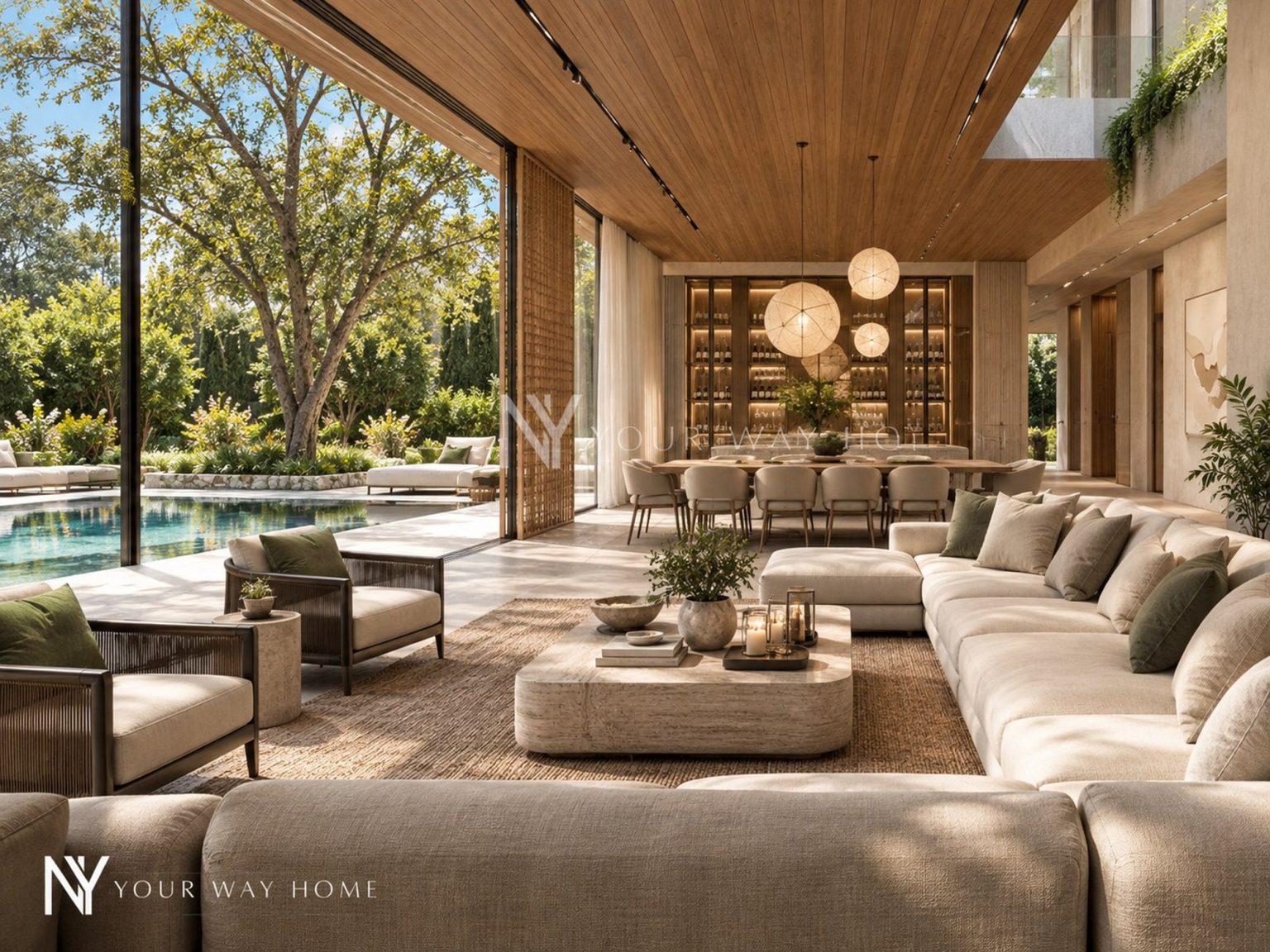The Mashrabiya House - living room and dining area open to the pool (rendering)