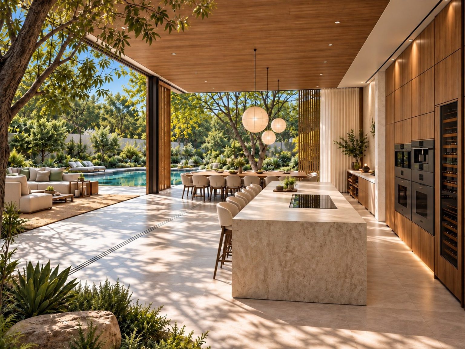 The Mashrabiya House - kitchen island open to the garden (rendering)