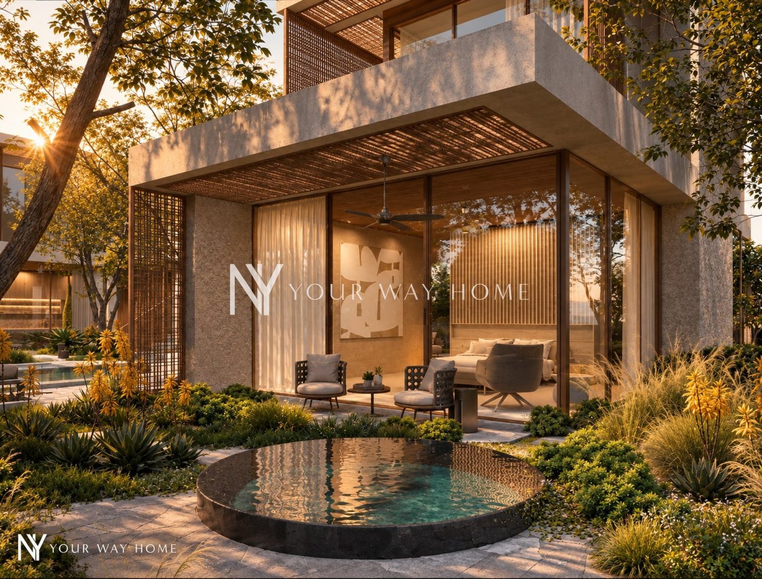 The Mashrabiya House - garden suite with plunge pool at dusk (rendering)