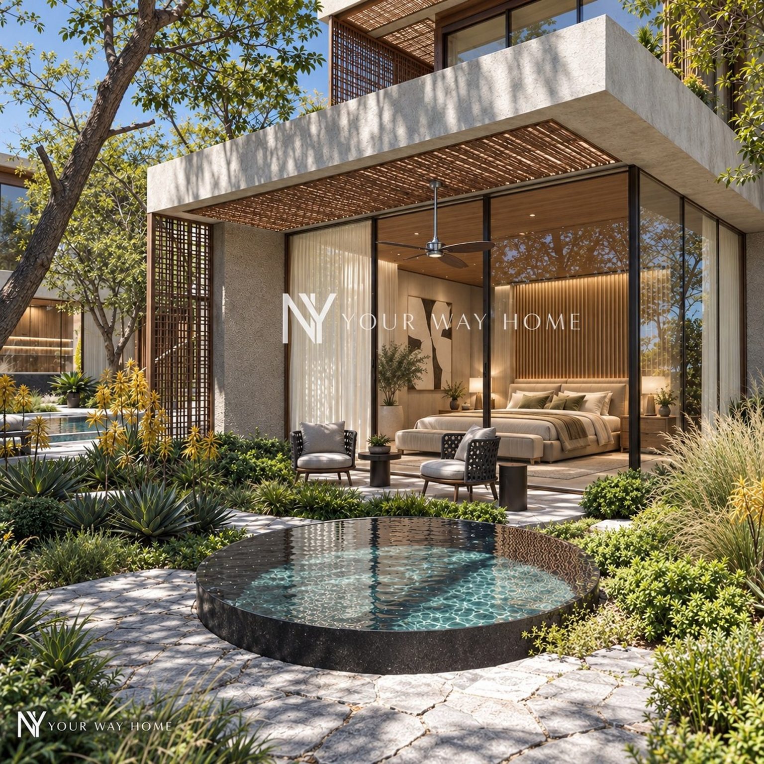 The Mashrabiya House - garden suite with plunge pool by day (rendering)