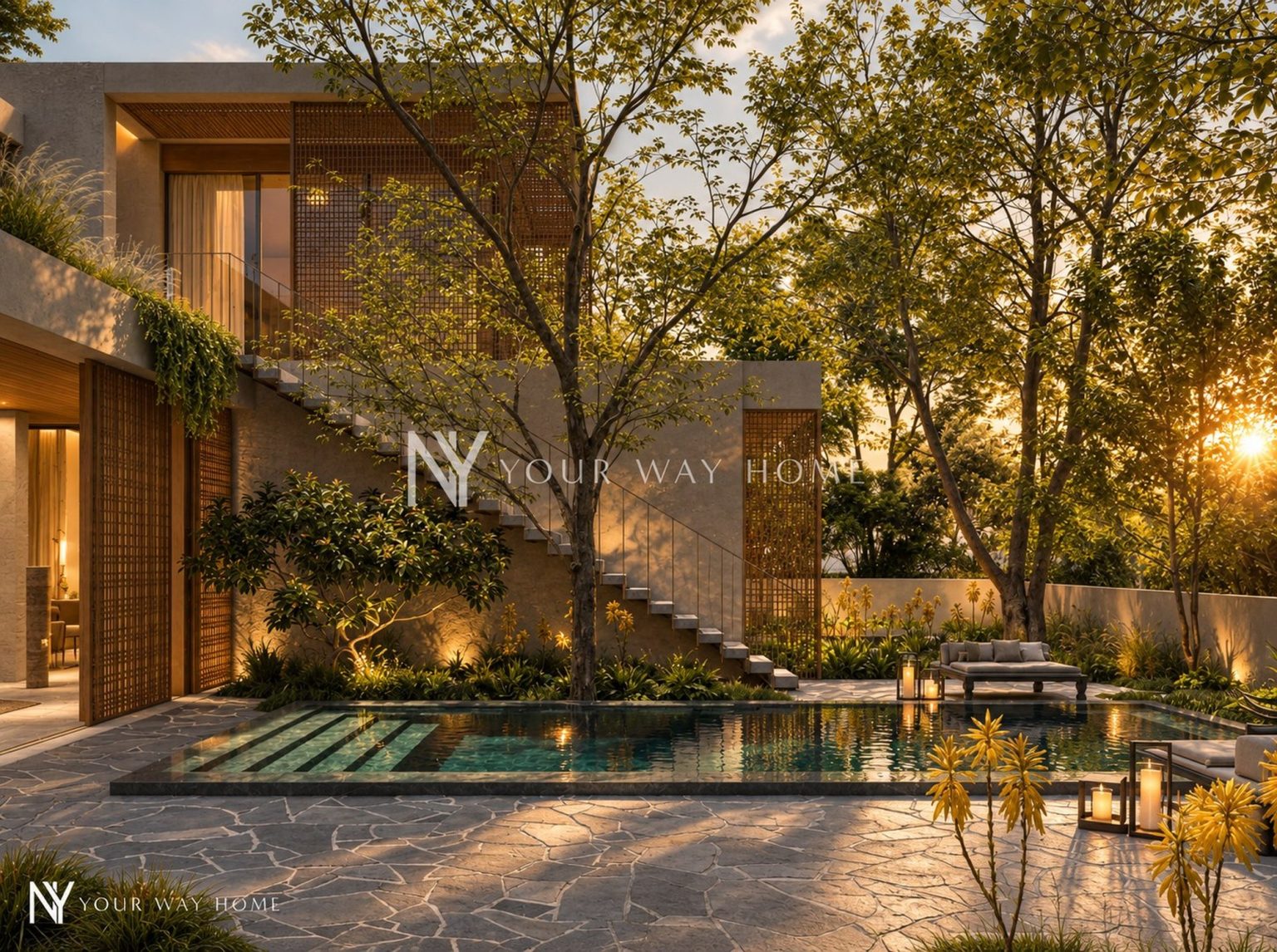 The Mashrabiya House - pool and outdoor stair at dusk (rendering)
