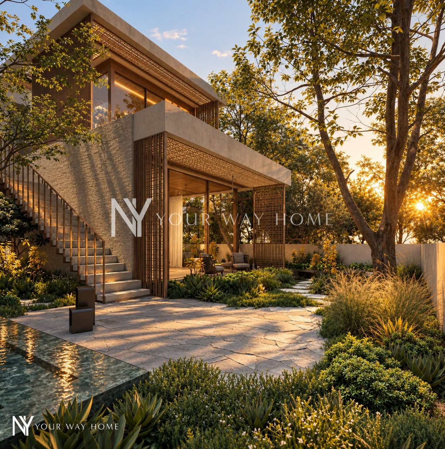 The Mashrabiya House - garden pavilion and stair at dusk (rendering)